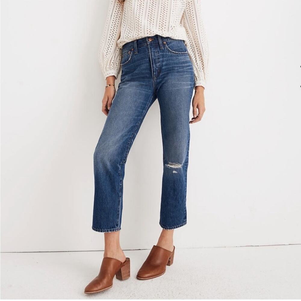 Madewell Classic Straight High Rise Ripped Knee Jeans Jade Wash 24 J7951